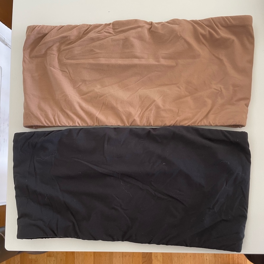 Skims “Fits Everybody” bandeau bras, black and nude, size M